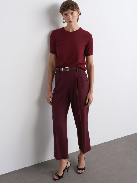 Bisiklet Yaka Kısa Kol Basic Triko Bluz-Koyu bordo