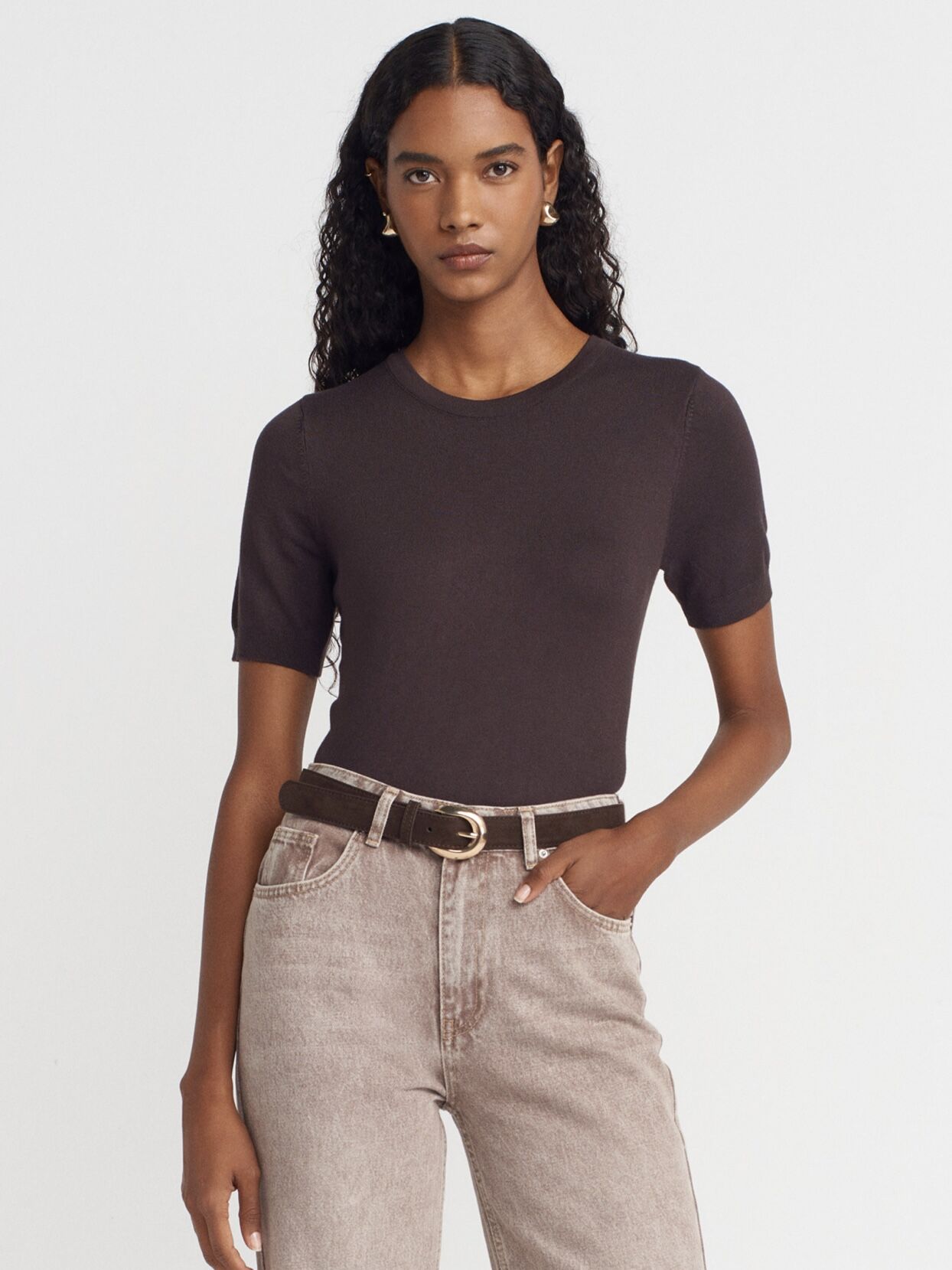 Bisiklet Yaka Kısa Kol Basic Triko Bluz-kahve