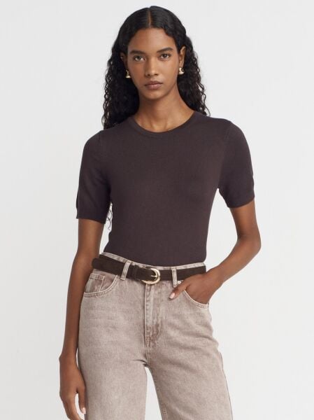 Bisiklet Yaka Kısa Kol Basic Triko Bluz-kahve