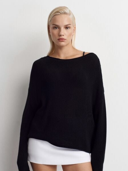 Kayık Yaka Basic Triko Kazak-Siyah