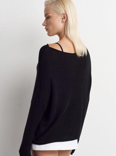 Kayık Yaka Basic Triko Kazak-Siyah