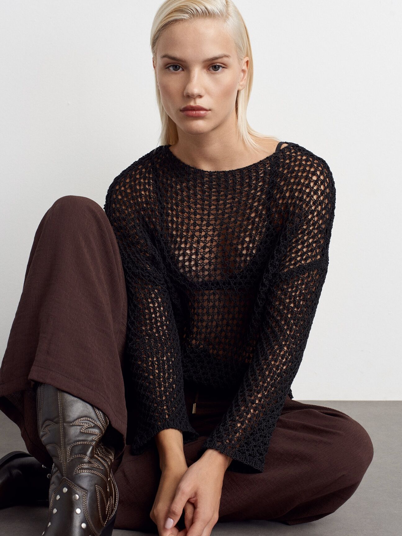 Kayık Yaka Ajurlu Triko Kazak-Siyah