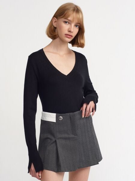 V Yaka Kolu Yırtmaçlı Kazak-Koyu siyah