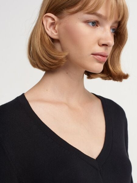 V Yaka Kolu Yırtmaçlı Kazak-Koyu siyah