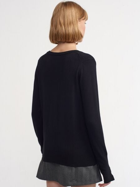 V Yaka Kolu Yırtmaçlı Kazak-Koyu siyah