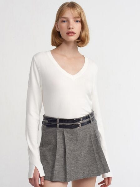 V Yaka Kolu Yırtmaçlı Kazak-Ekru