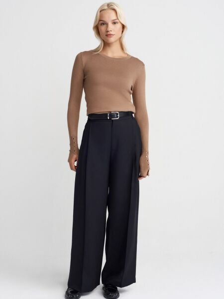 Bisiklet Yaka Kol Ortası Droplu Kazak-Koyu Vizon