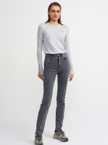 Bisiklet Yaka Kol Ortası Droplu Kazak-Gri Melanj