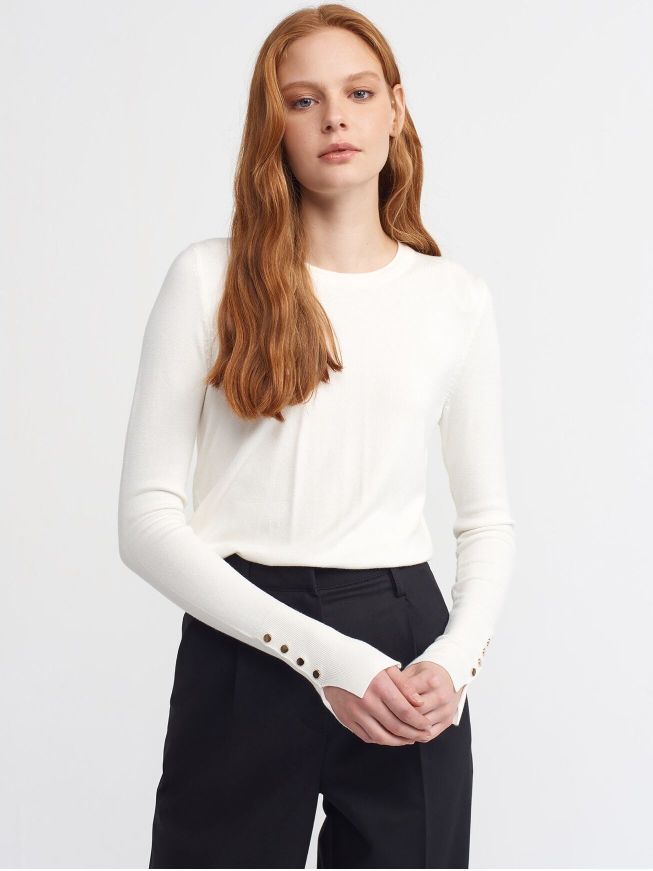 Bisiklet Yaka Kol Ortası Droplu Kazak-ekru