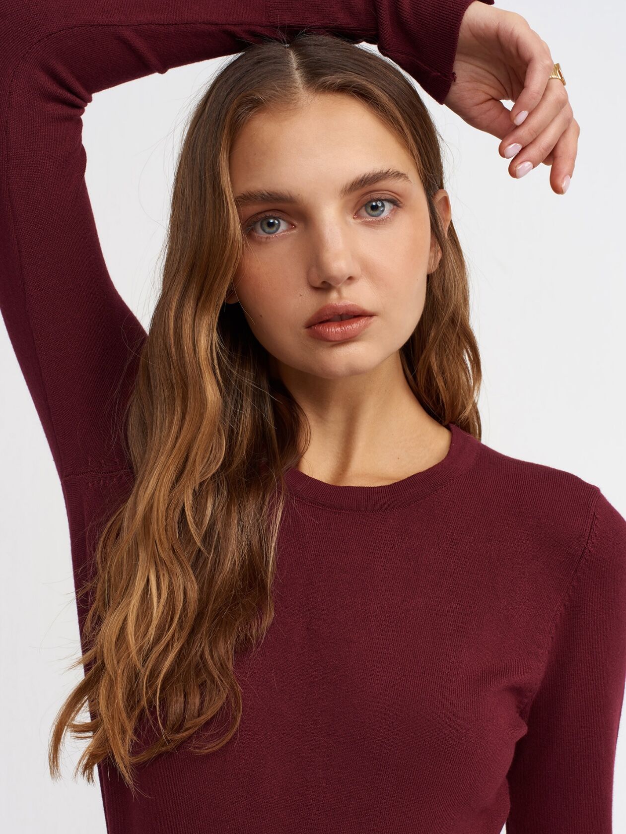 Bisiklet Yaka Kol Ortası Droplu Kazak-Bordo