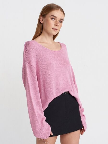 Oval Yaka Yumuşak Dokulu Triko Kazak-Pembe