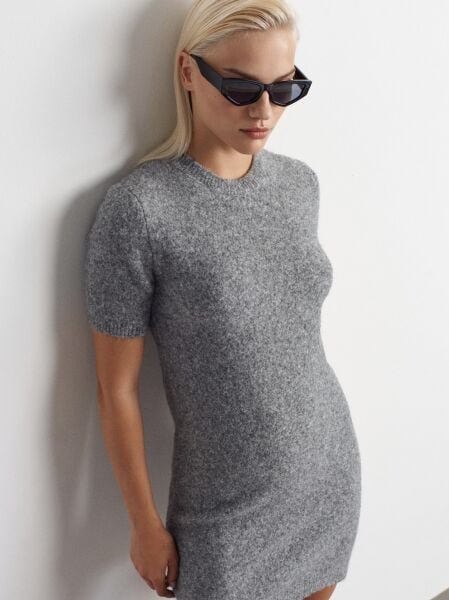 Bisiklet Yaka Yumuşak Dokulu Triko Elbise-Füme