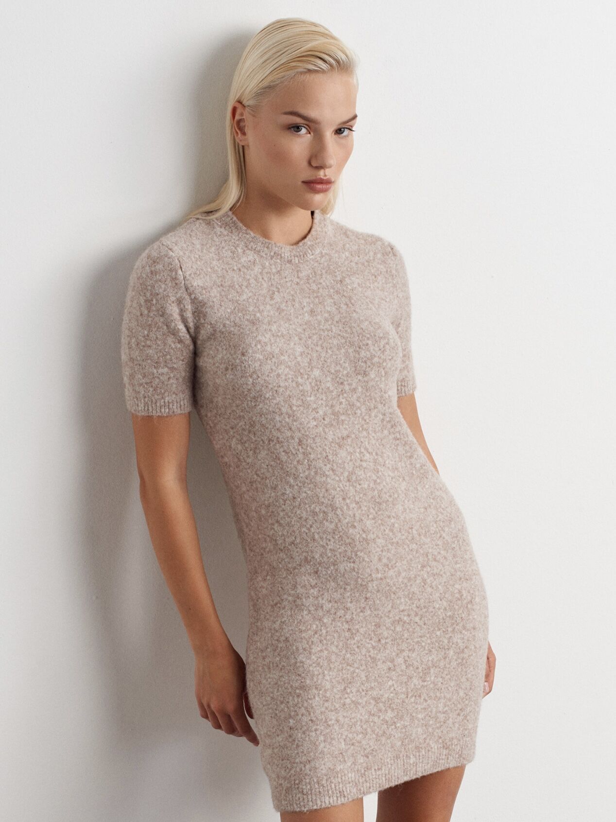 Bisiklet Yaka Yumuşak Dokulu Triko Elbise-Vizon