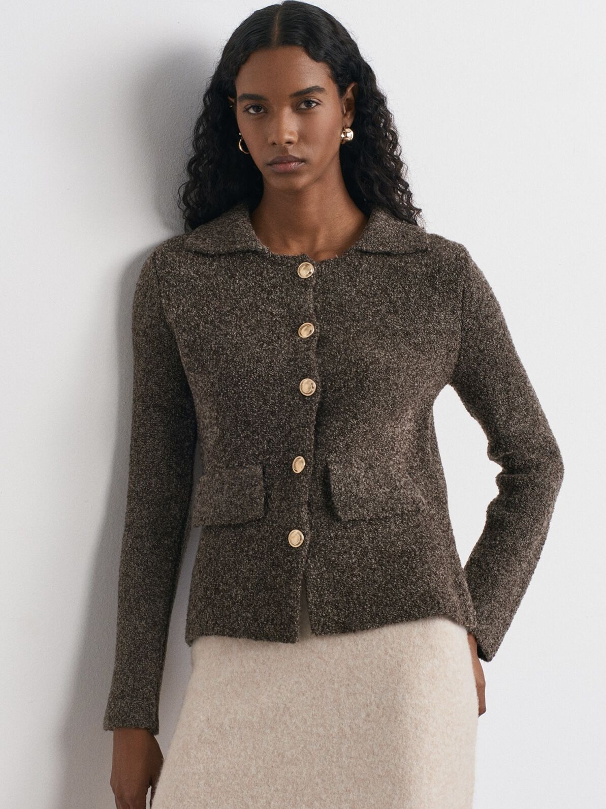 Polo Yaka Düğmeli Cep Detaylı Triko Hırka-Kahve