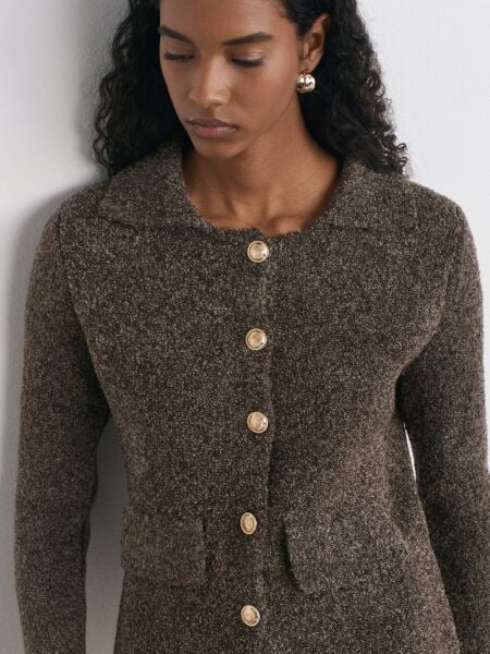 Polo Yaka Düğmeli Cep Detaylı Triko Hırka-Kahve