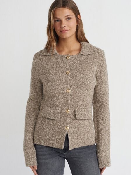 Polo Yaka Düğmeli Cep Detaylı Triko Hırka-Vizon