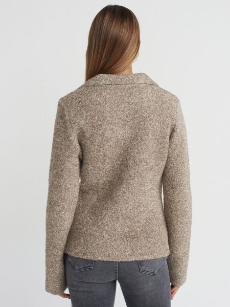 Polo Yaka Düğmeli Cep Detaylı Triko Hırka-Vizon