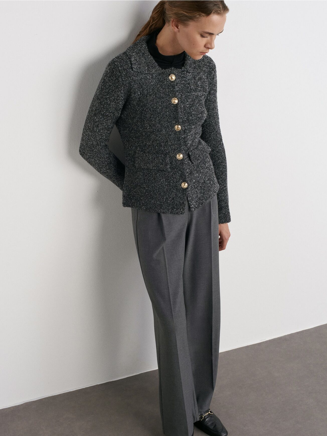 Polo Yaka Düğmeli Cep Detaylı Triko Hırka-Antrasit