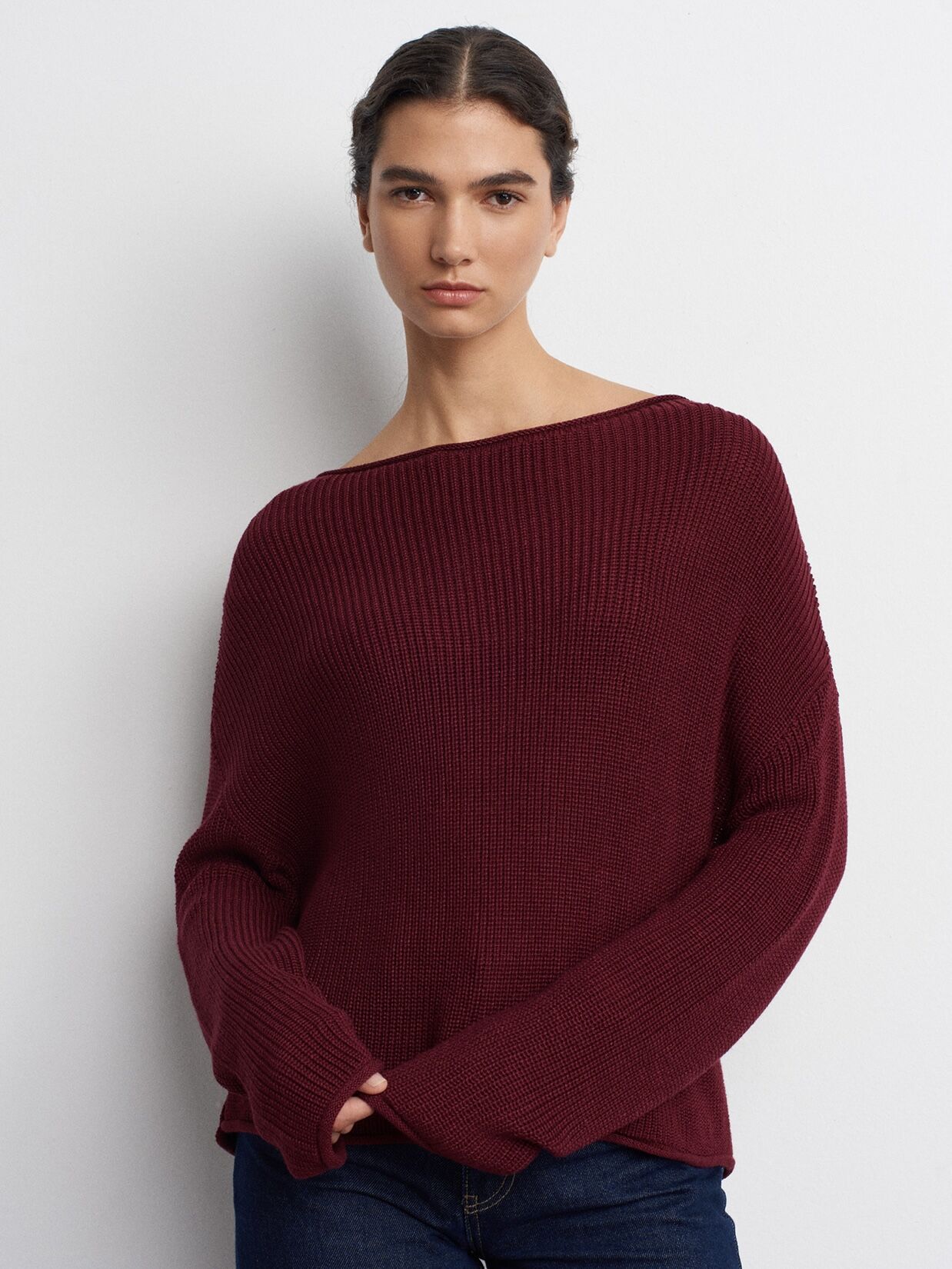 Kayık Yaka Basic Triko Kazak-BORDO