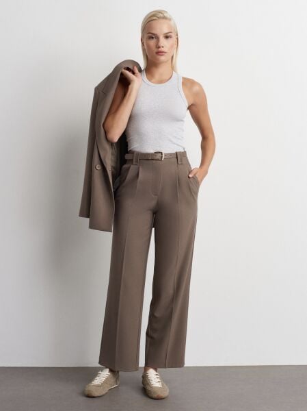 Kemerli Cep Kapaklı Yüksek Bel Pantolon-Vizon