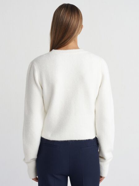 V Yaka Düğmeli Triko Hırka-Ekru