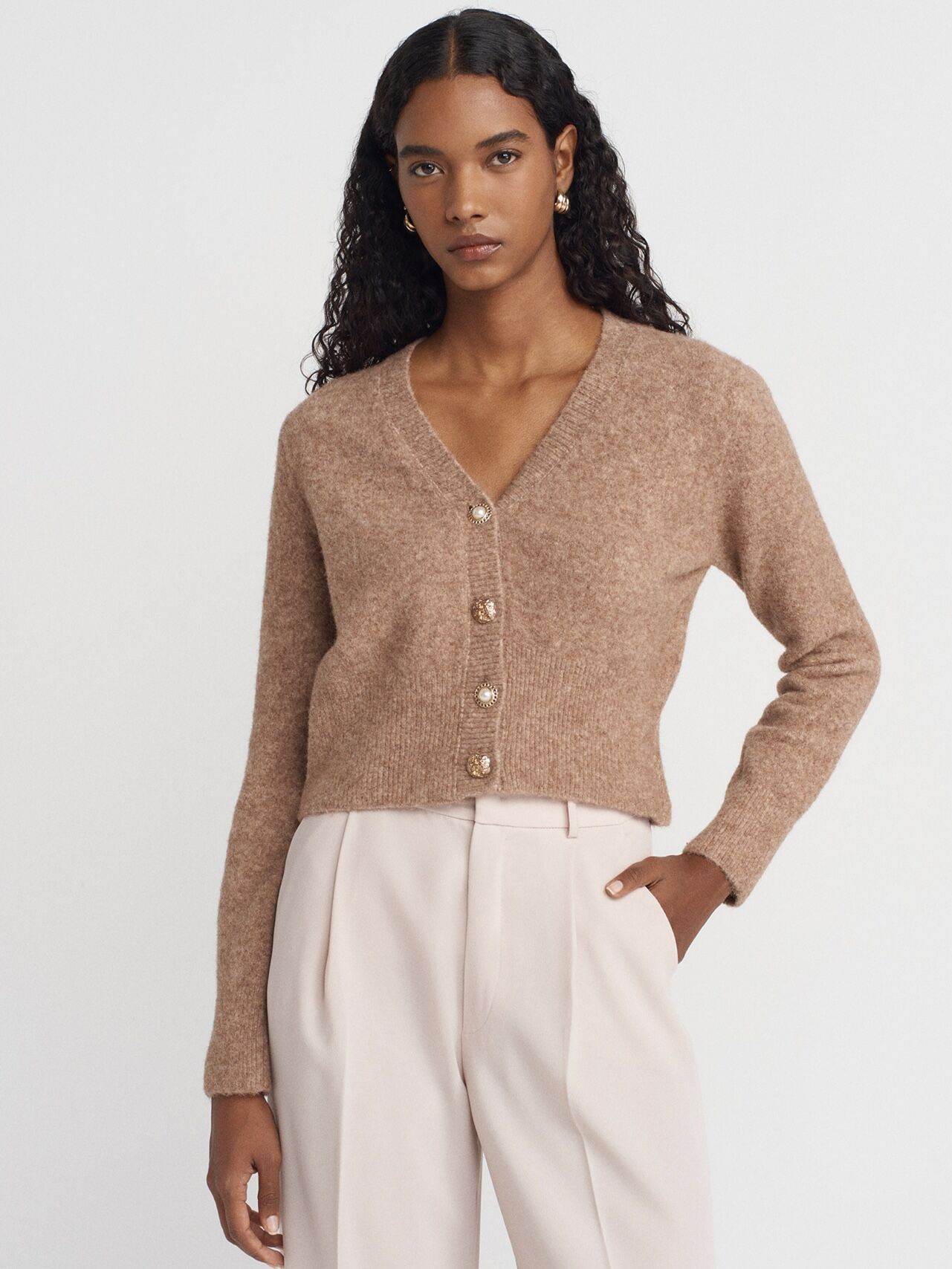 V Yaka Düğmeli Triko Hırka-K.Füme