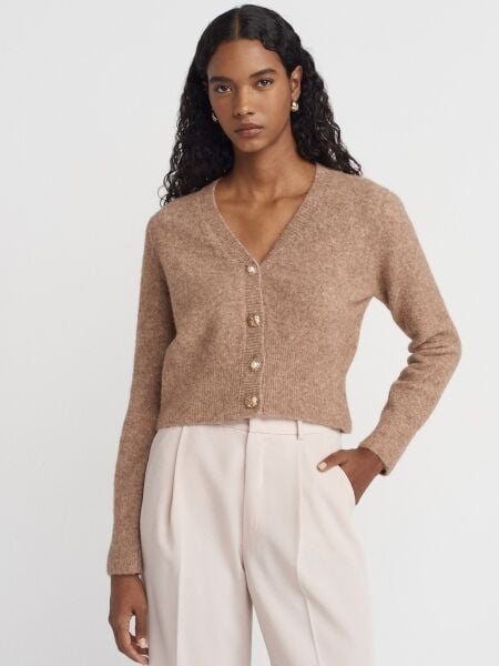 V Yaka Düğmeli Triko Hırka-K.Füme