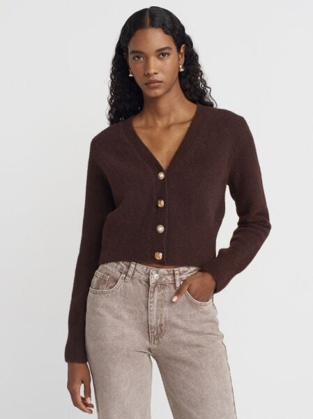 V Yaka Düğmeli Triko Hırka-Kahve