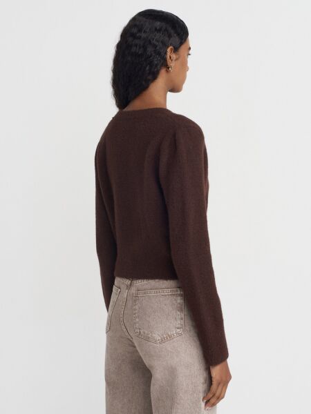 V Yaka Düğmeli Triko Hırka-Kahve