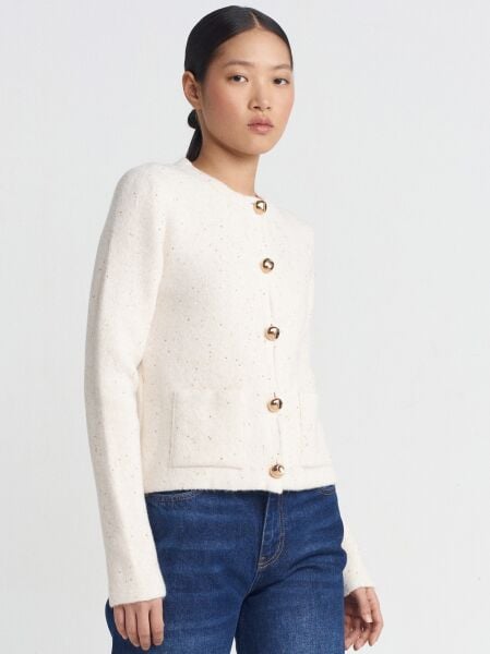 Bisiklet Yaka Pullu Simli Düğmeli Triko Hırka-EKRU