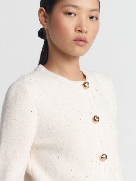 Bisiklet Yaka Pullu Simli Düğmeli Triko Hırka-EKRU