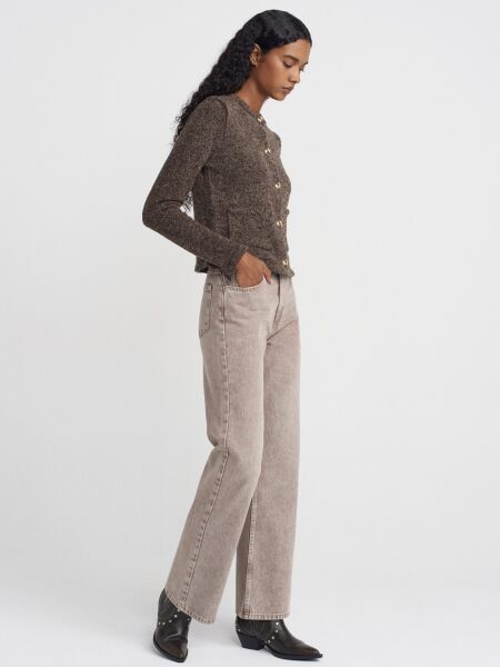 Bisiklet Yaka Buklet Cepli Düğmeli Triko Hırka Kahve