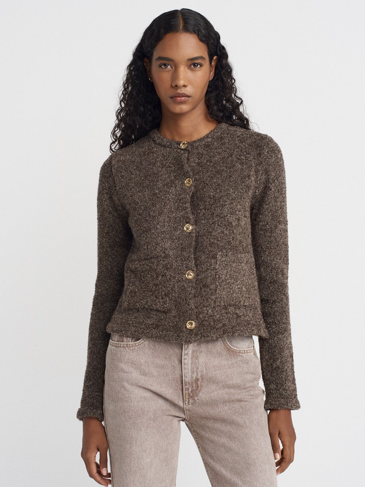 Bisiklet Yaka Buklet Cepli Düğmeli Triko Hırka Kahve