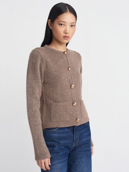 Bisiklet Yaka Pullu Simli Düğmeli Triko Hırka-Vizon