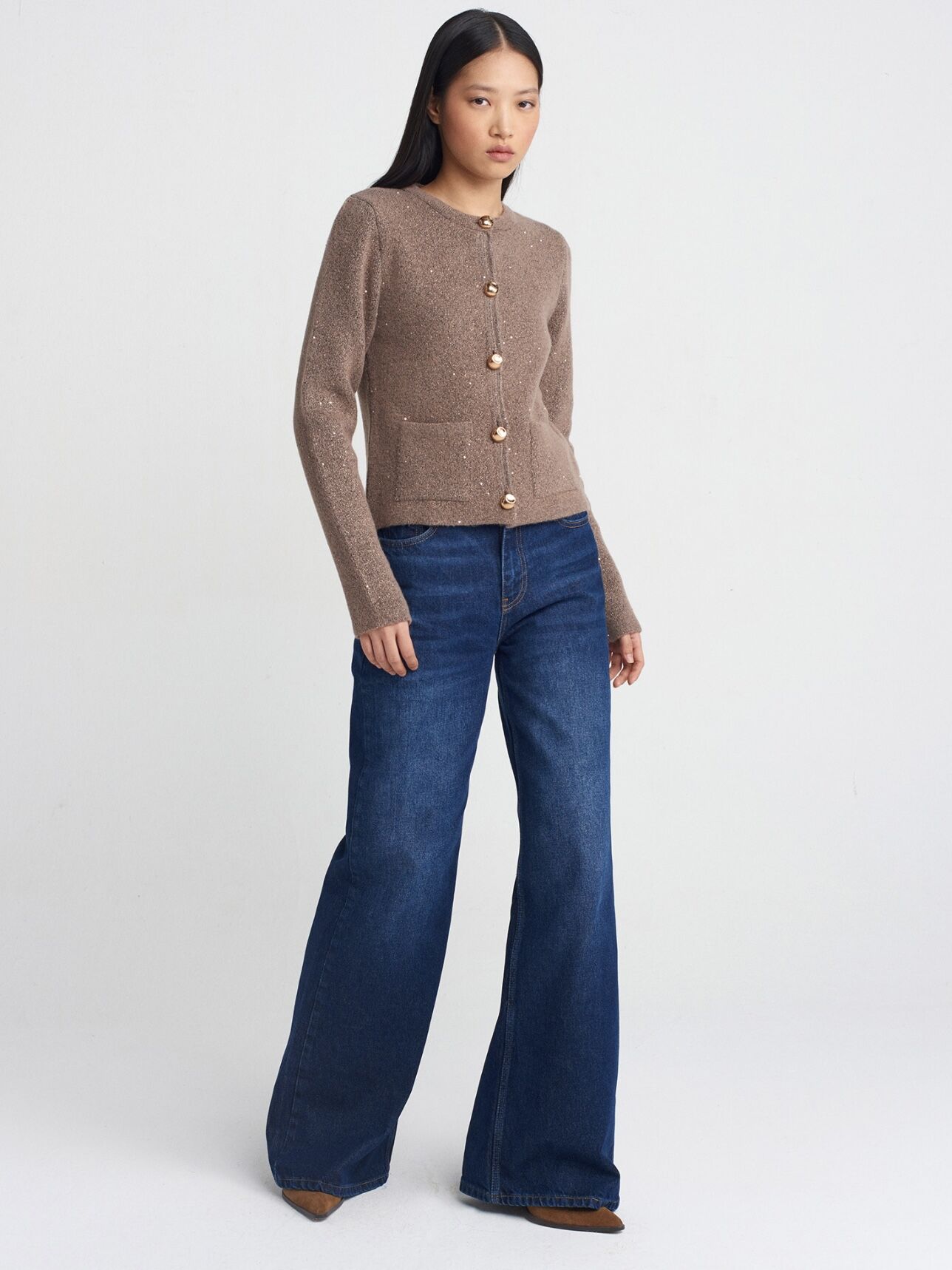 Bisiklet Yaka Pullu Simli Düğmeli Triko Hırka-Vizon