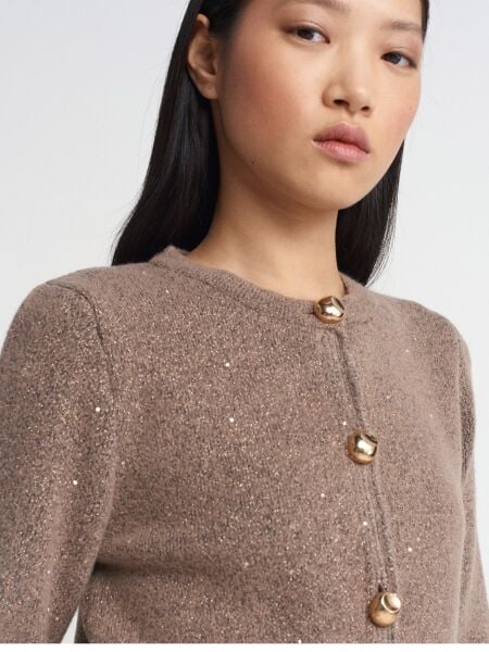 Bisiklet Yaka Pullu Simli Düğmeli Triko Hırka-Vizon