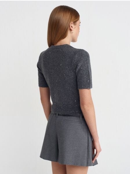 Bisiklet Yaka Yumuşak Dokulu Kısa Kol Triko Füme