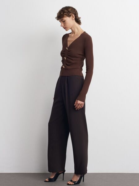 V Yaka Düğmeli Triko Kazak-Kahve