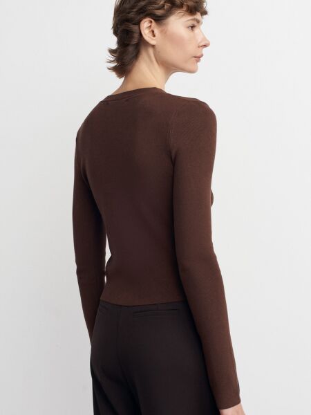 V Yaka Düğmeli Triko Kazak-Kahve