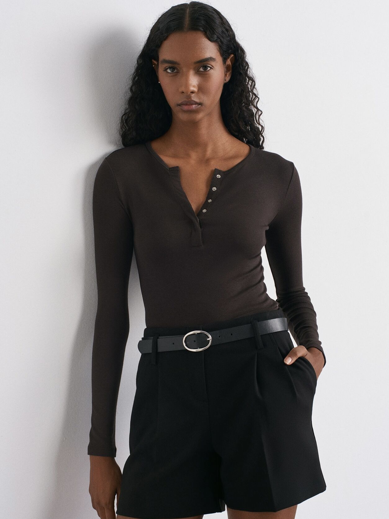 Uzun Kollu Çıtçıt Düğmeli Top-Koyu Kahve