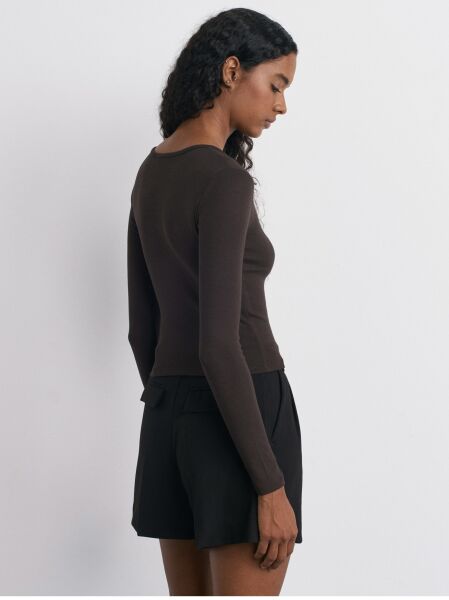 Uzun Kollu Çıtçıt Düğmeli Top-Koyu Kahve