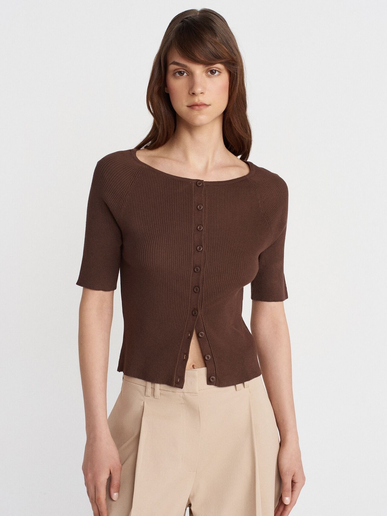 Bisiklet Yaka Fitilli Düğmeli İnce Triko Hırka-Kahve