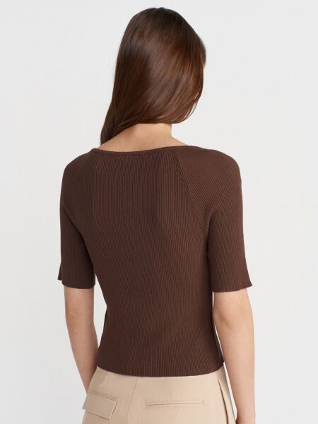 Bisiklet Yaka Fitilli Düğmeli İnce Triko Hırka-Kahve