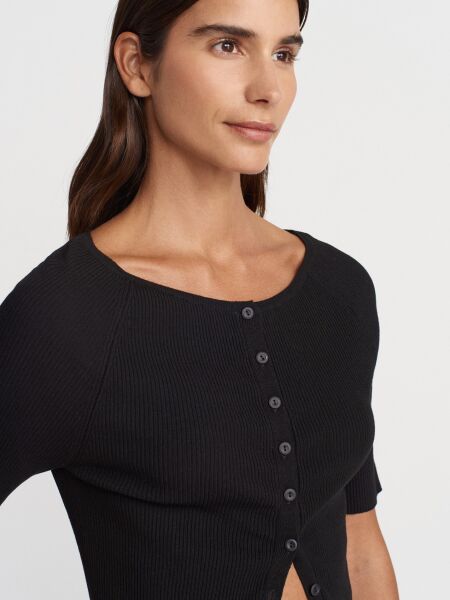 Bisiklet Yaka Fitilli Düğmeli İnce Triko Hırka-siyah