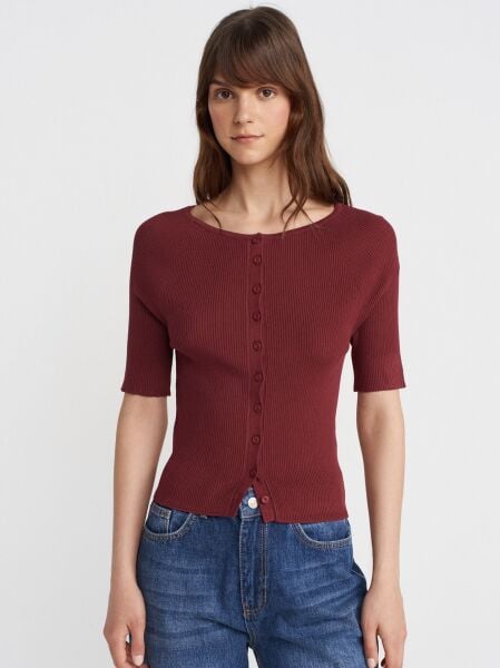 Bisiklet Yaka Fitilli Düğmeli İnce Triko Hırka-Bordo