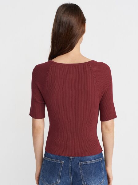 Bisiklet Yaka Fitilli Düğmeli İnce Triko Hırka-Bordo