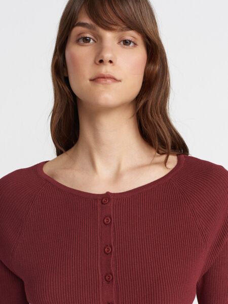 Bisiklet Yaka Fitilli Düğmeli İnce Triko Hırka-Bordo