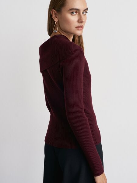 Asimetrik Yaka Yünlü Fitilli Triko Kazak-Bordo