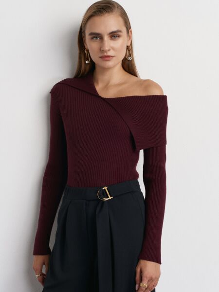 Asimetrik Yaka Yünlü Fitilli Triko Kazak-Bordo