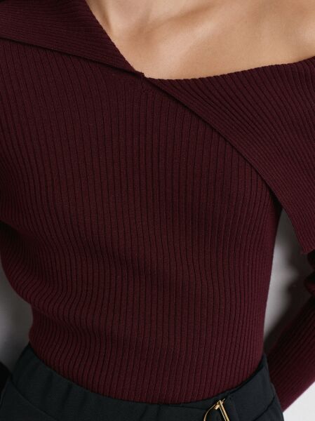 Asimetrik Yaka Yünlü Fitilli Triko Kazak-Bordo